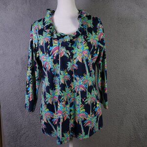 Anthony’s Resort Wear Top Womens M Blue Multicolor Palm Tree Ruffle V Neck